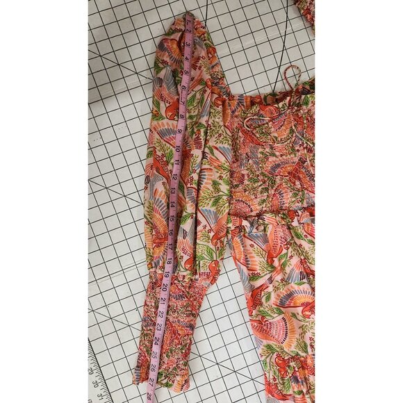FARM Rio Pink Floral Macaw Print Puff Sleeve Midi Dress Size M - Picture 14 of 17